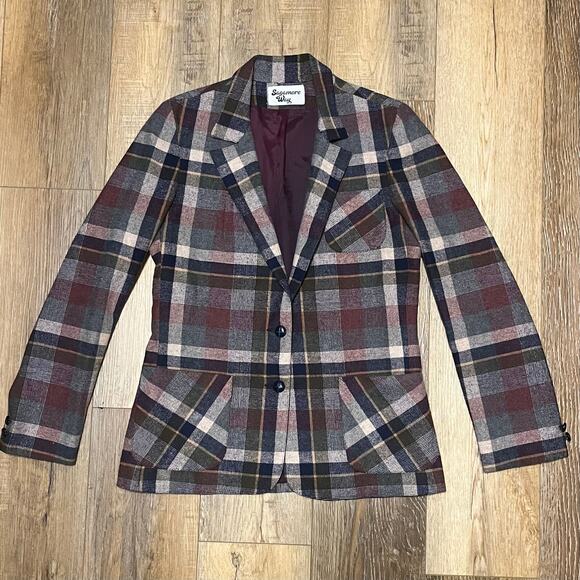 VTG Sagamore Way 70s Womens Wool Blend Blazer Jacket 13/14 Tartan Plaid Check - Picture 1 of 8